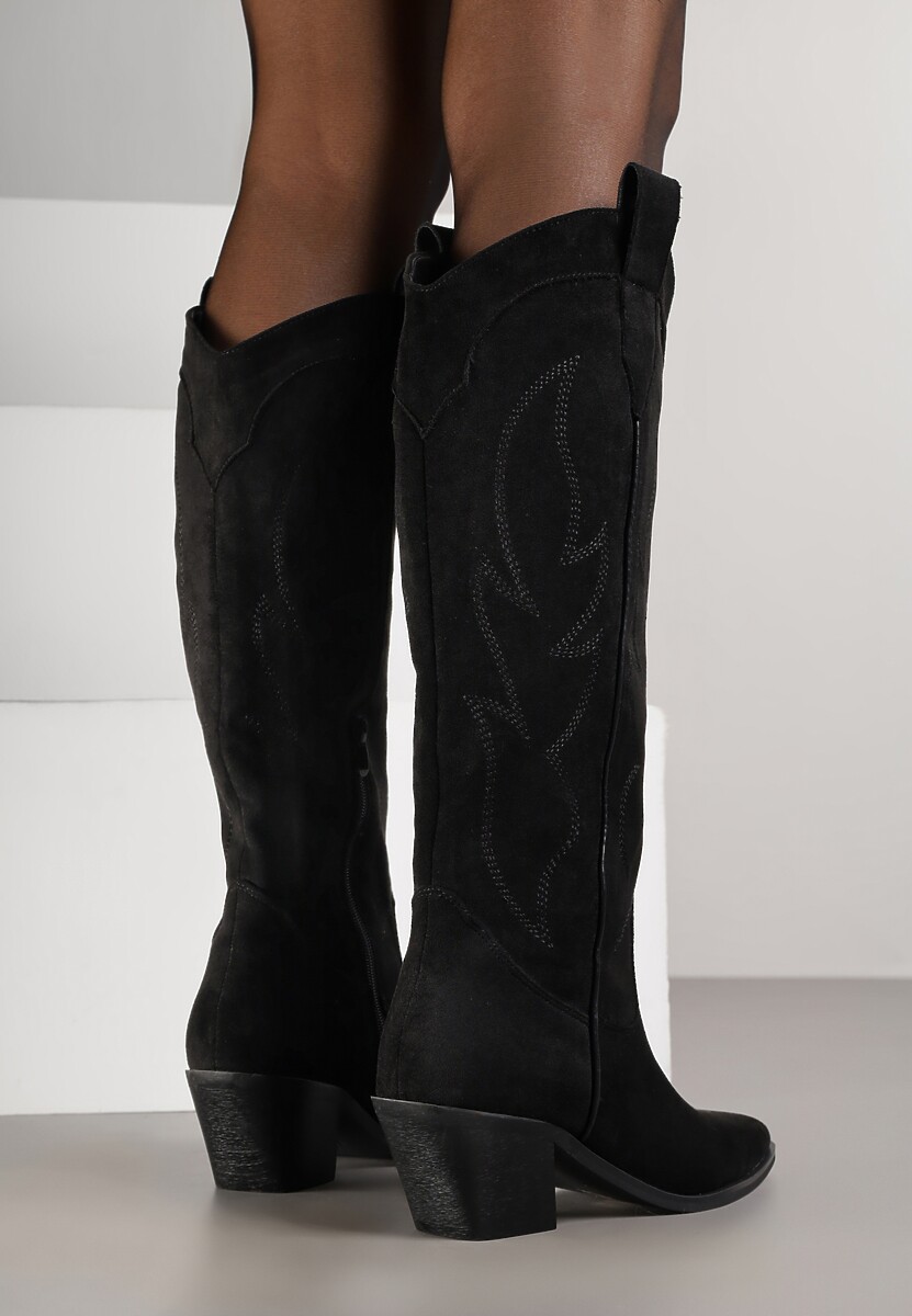Czarne Haftowane Kozaki Kowbojki na Stożkowym Obcasie Galianna