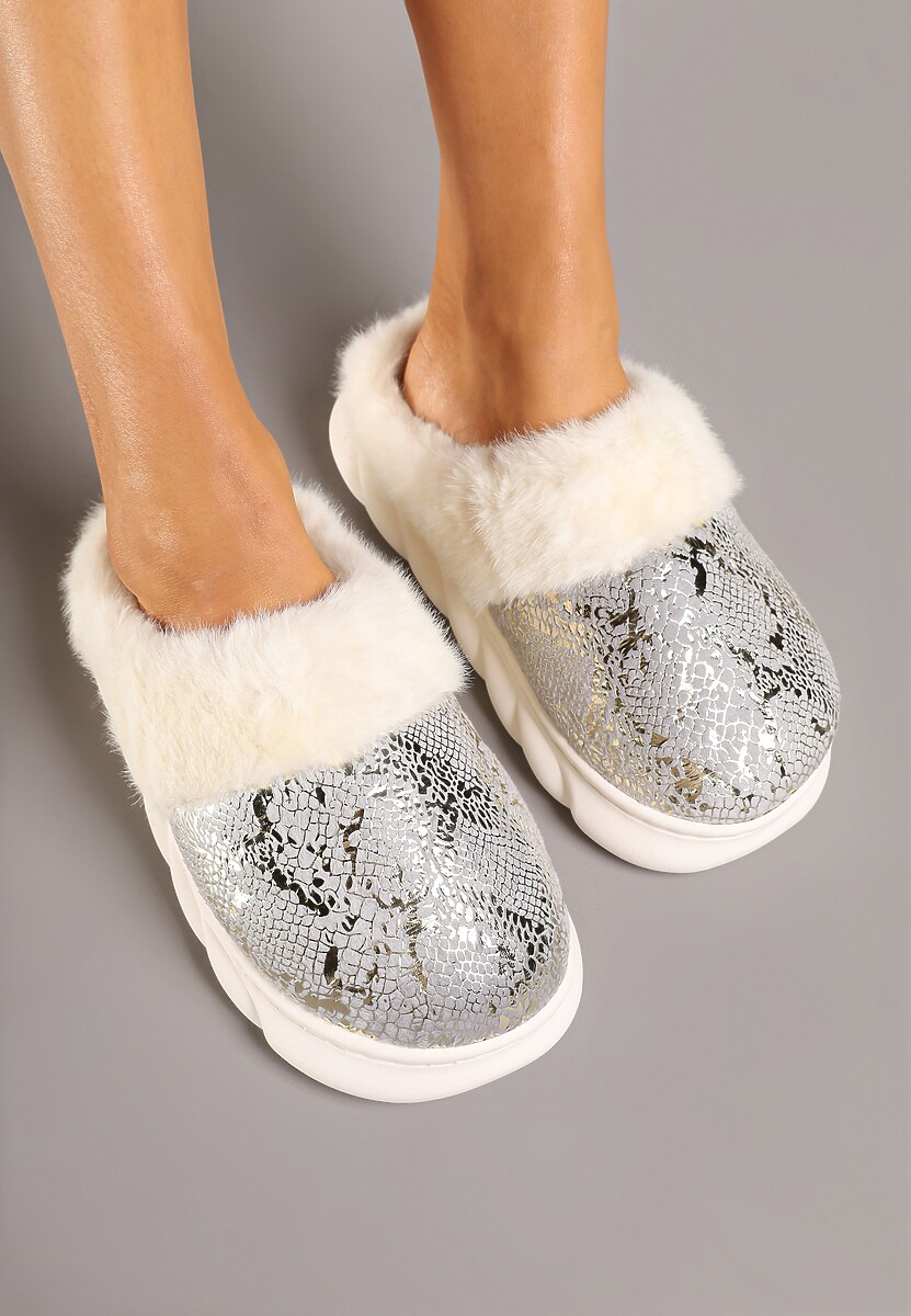 Szare Kapcie Vices na Piankowej Podeszwie Zdobione Futrem Eleadraea