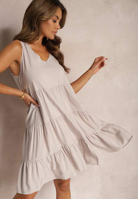 Beżowa Bawełniana Sukienka o Rozkloszowanym Kroju Bez Rękawów Gladea