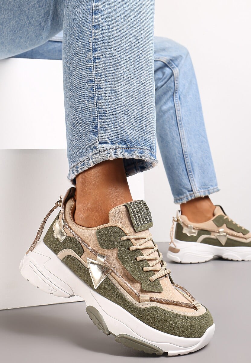 Beżowo-Zielone Sneakersy z Cyrkoniami na Grubej Podeszwie Leinov