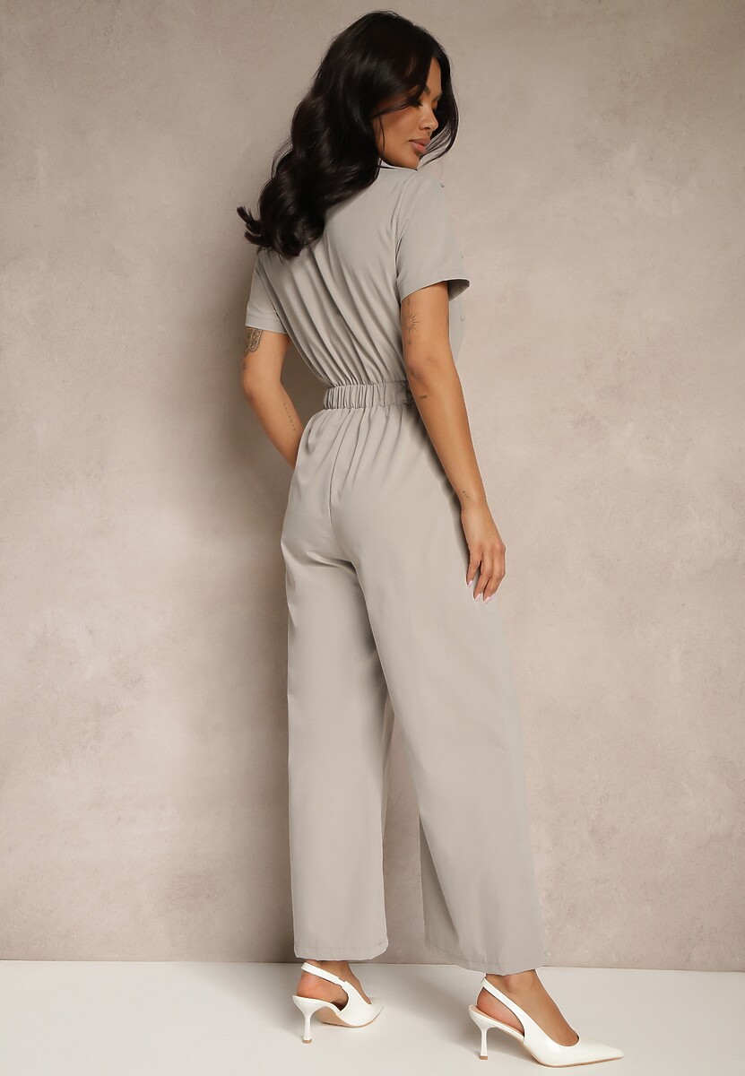Szary Kombinezon Wide Leg z Kołnierzykiem Suwakiem i Krótkim Rękawem Jenaralitia