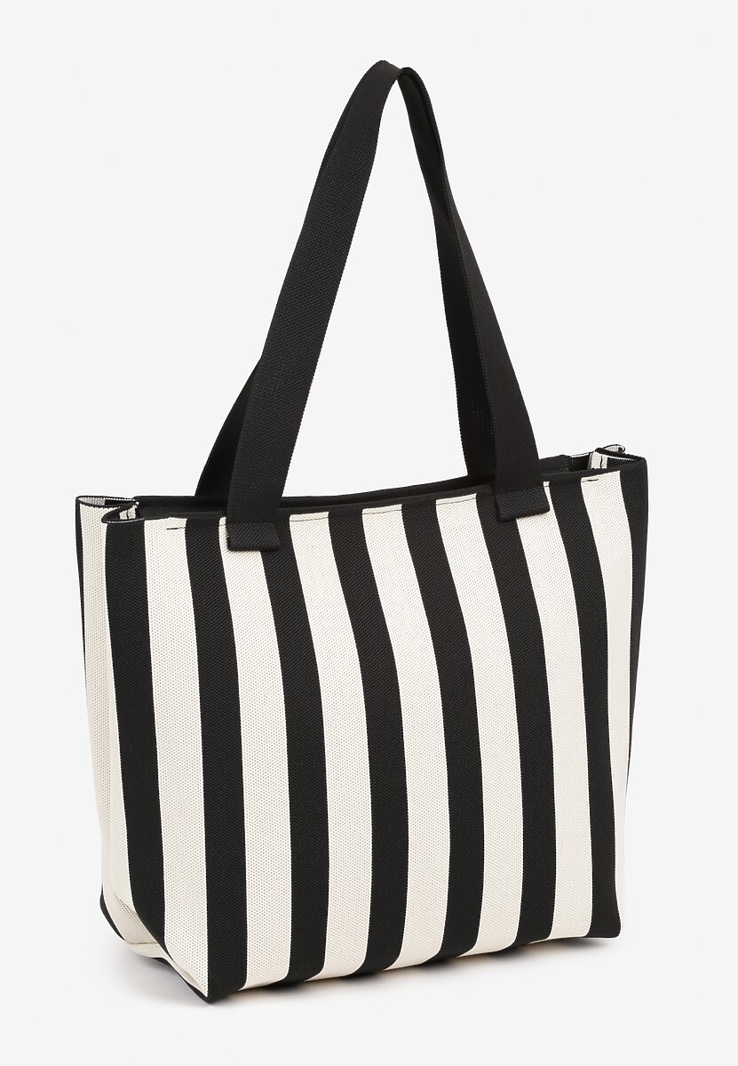 Czarna Torebka Shopperka z Suwakiem w Paski Saloniela