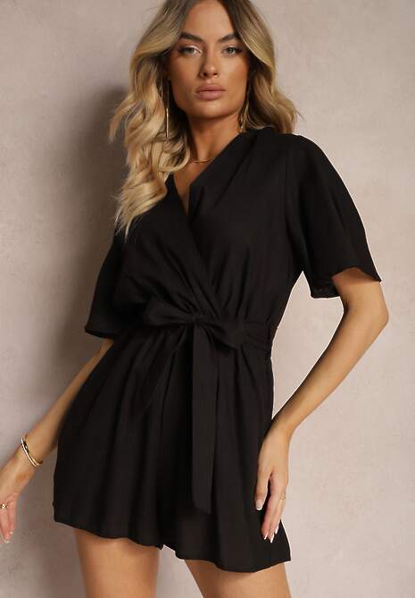 Czarny Kopertowy Kombinezon z Bawełny Wiązany w Talii Materiałowym Paskiem Vikly