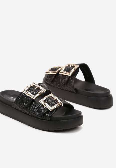 Czarne Klapki na Platformie z Dwoma Paskami i Klamrami Wenilea