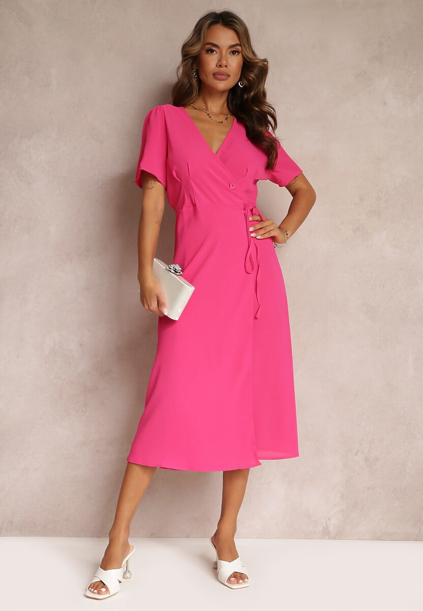 Fuksjowa Sukienka Midi z Kopertowym Dekoltem i Wiązaniem w Pasie Elisanu