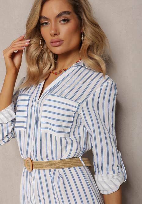 Biało-Niebieska Koszulowa Sukienka Midi w Paski z Lnem i Plecionym Paskiem Efordia