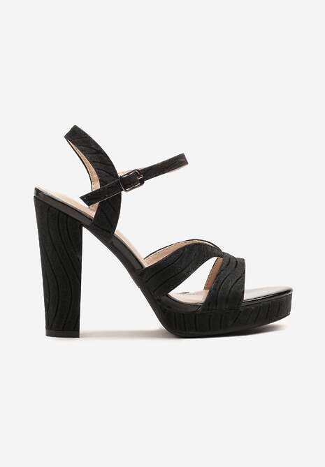 Czarne Sandały na Słupku i Platformie z Brokatem Toliranna