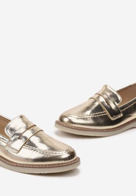 Złote Klasyczne Mokasyny Ozdobione Wstawką i Przeszyciem Berdafa