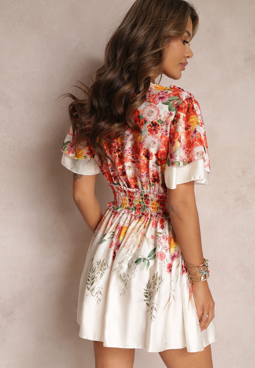 Beżowa Rozkloszowana Sukienka Mini z Kopertowym Dekoltem w Kwiaty Cecille