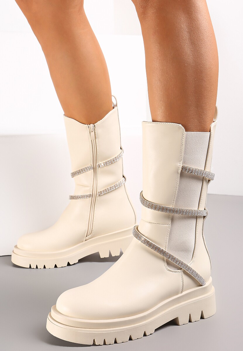 Beżowe Botki Sztyblety do Połowy Łydki  z Ozdobnym Paskiem z Cyrkoniami  Besiva