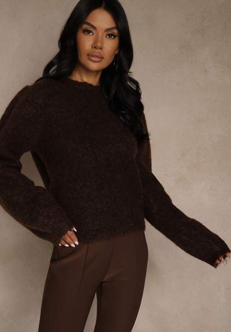 Brązowy Kardigan z Wełną Zdobiony Bufiastymi Rękawami i Wiązaniem na Plecach Tusfina