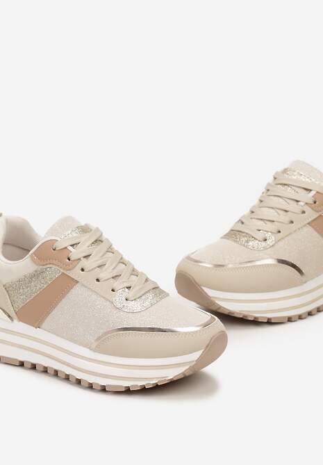 Beżowe Sneakersy z Brokatem na Ozdobnej Grubej Podeszwie Rilveia