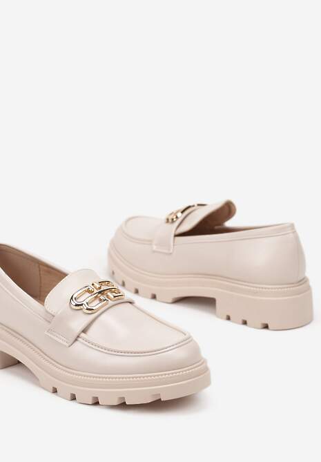 Beżowe Płaskie Mokasyny z Metaliczną Aplikacją Milidi