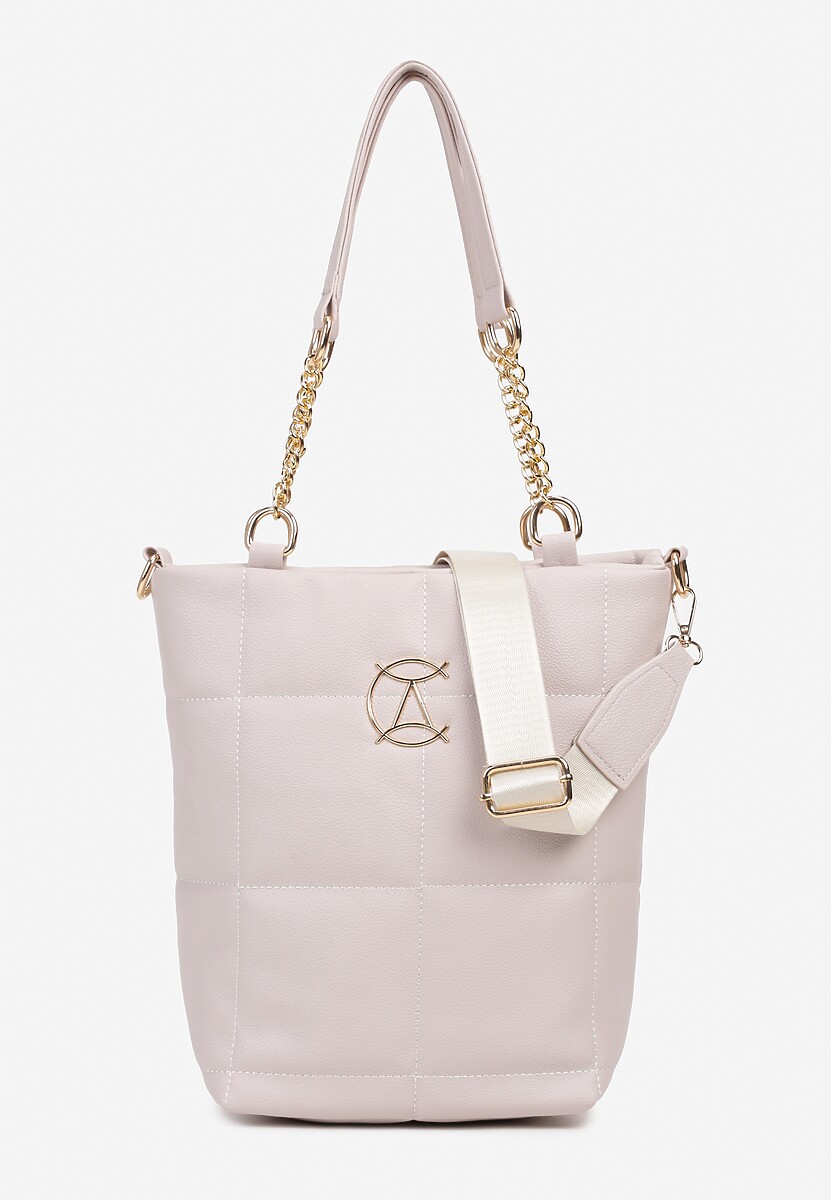 Jasnoszara Torebka z Odpinanym Paskiem z Rączkami na Łańcuszku i Dekoracją w Złotym Kolorze Wiasha