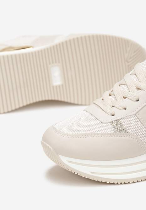 Beżowe Sneakersy na Grubej Podeszwie Ozdobione Brokatem Moneya