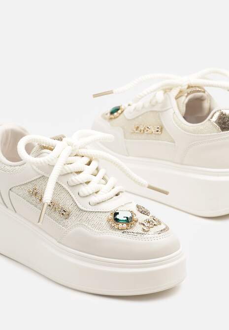 Beżowe Sneakersy na Grubej Podeszwie z Cyrkoniami i Brokatem Falissa