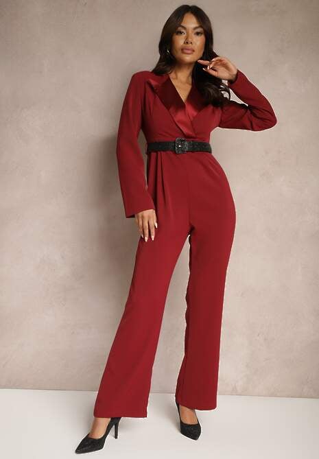 Bordowy Taliowany Kombinezon w Eleganckim Stylu z Szerokimi Nogawkami Etallina