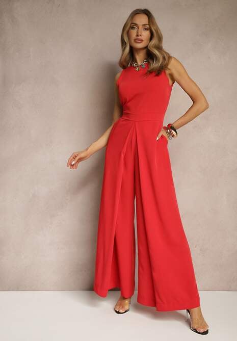 Czerwony Kombinezon Bez Rękawów z Nogawkami Wide Leg Noreldi