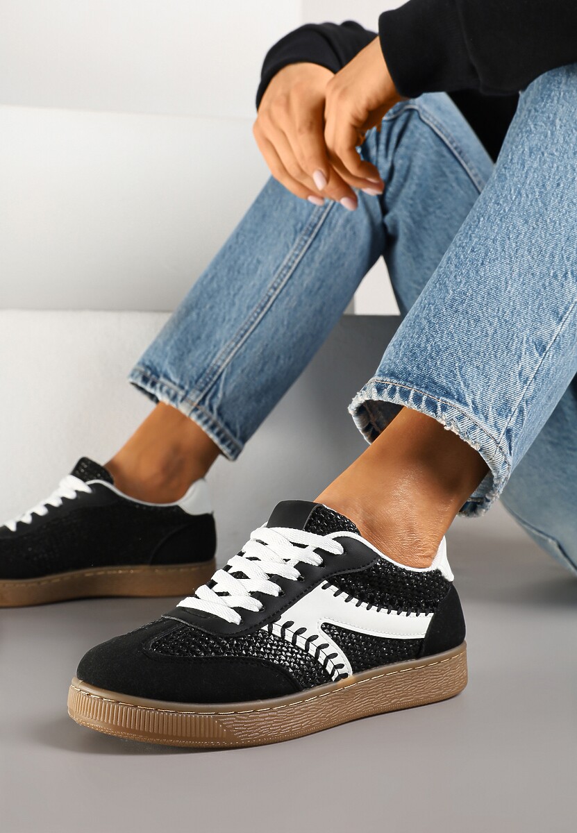 Czarne Sneakersy w Stylu Klasycznych Tenisówek Zdobione Przeszyciami i Tweedem Koriznne