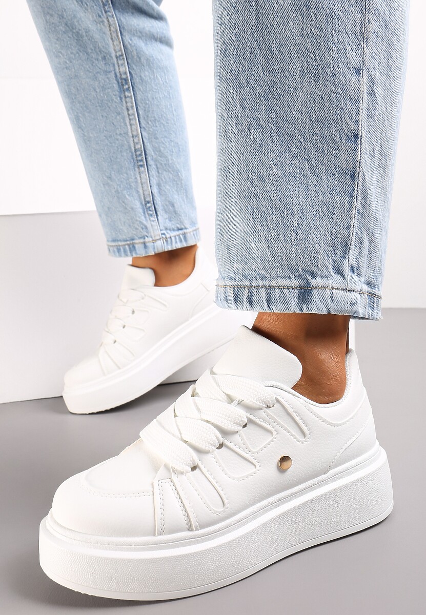 Biało-Srebrne Sneakersy na Grubej Podeszwie przed Kostkę Alisis