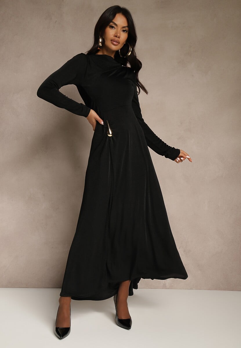 Brązowa Sukienka Koktajlowa z Marszczeniem i Metaliczną Ozdobą Retanda