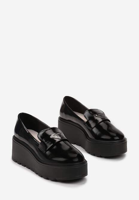 Czarne Lakierowane Półbuty na Platformie i Koturnie ze Skórzaną Wkładką Nimas