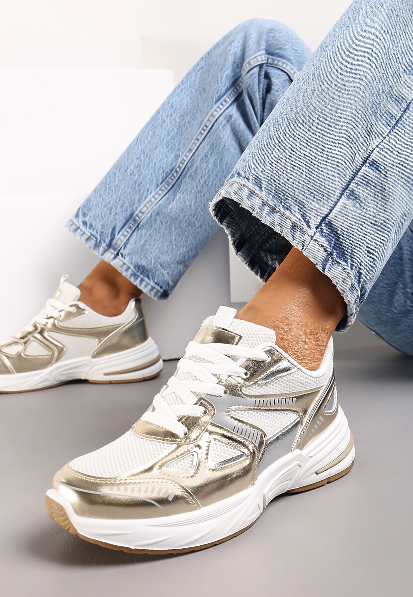 Biało-Złote Sneakersy ze Wstawkami z Ekoskóry na Grubej Podeszwie Elperna