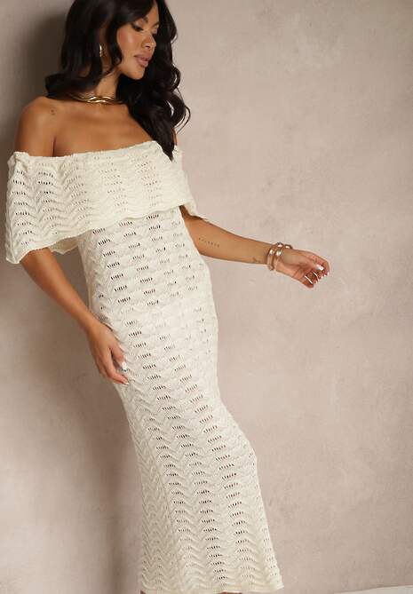 Beżowa Sukienka Hiszpanka z Ażurowej Tkaniny z Ozdobnym Dekoltem Filadella