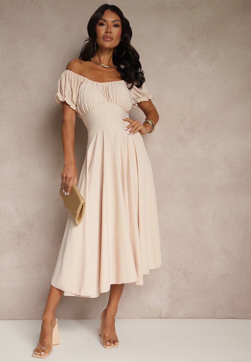 Beżowa Sukienka Hiszpanka z Bawełną Ozdobiona Bufkami Lunoria