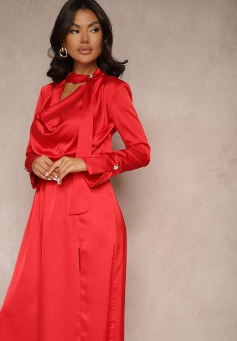 Czerwona Koktajlowa Sukienka z Satyny z Ozdobnym Guzikiem Leaneris