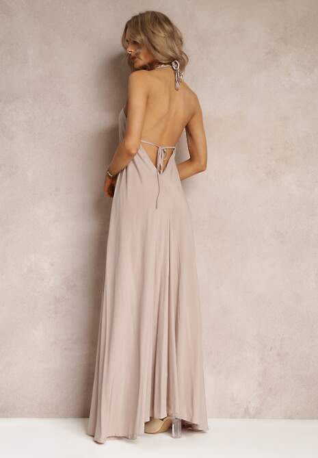 Ciemnobeżowa Rozkloszowana Sukienka Bawełniana z Wiązaniem na Szyi Panethea