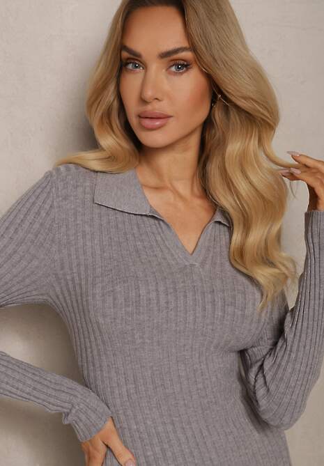 Szara Sweterkowa Sukienka z Wiskozą i Modalem o Dopasowanym Kroju z Kołnierzykiem Sealiea