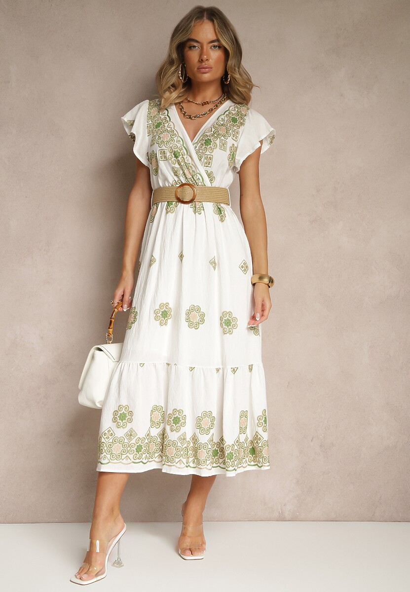 Biało-Zielona Sukienka z Wiskozy Ozdobiona Paskiem i Haftem Nilorelle