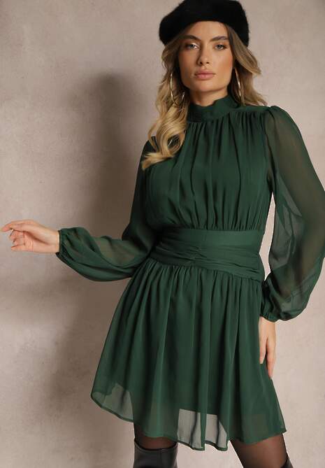 Zielona Rozkloszowana Sukienka z Półprzeźroczystymi Wstawkami i Stójką Gelabine