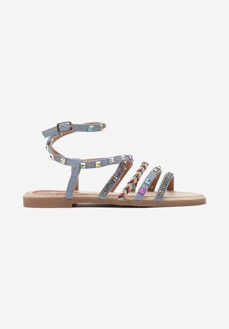 Niebieskie Płaskie Sandały z Cienkimi Paskami z Cyrkoniami i Ćwiekami Mizuki
