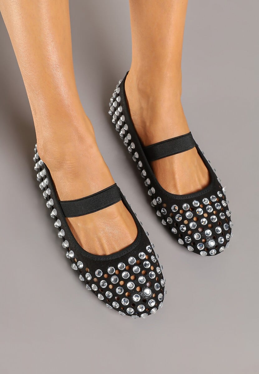 Czarne Balerinki Ozdobione Ażurową Cholewką i Cyrkoniami Aseleldi
