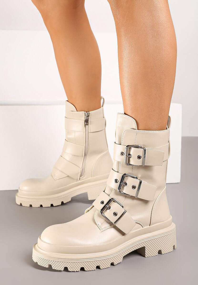 Beżowe Płaskie Botki w Stylu Biker z Paskami i Metalowymi Klamrami Valina
