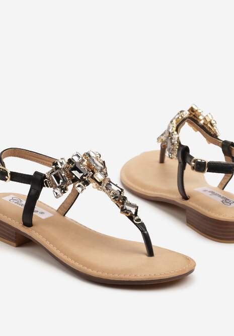 Czarne Biżuteryjne Sandały Typu Japonki z Cyrkoniową Aplikacją Sopelene