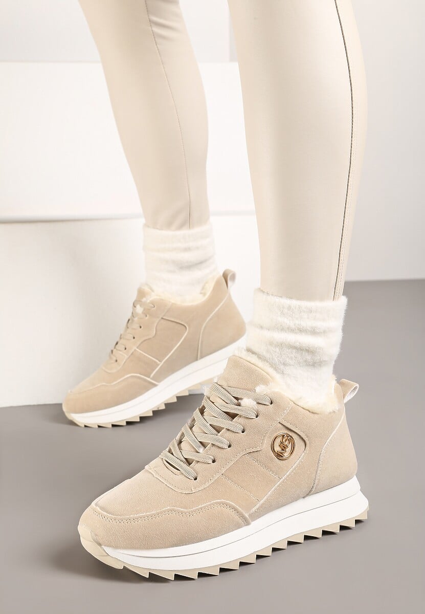 Beżowe Ocieplane Sneakersy na Platformie Appopis