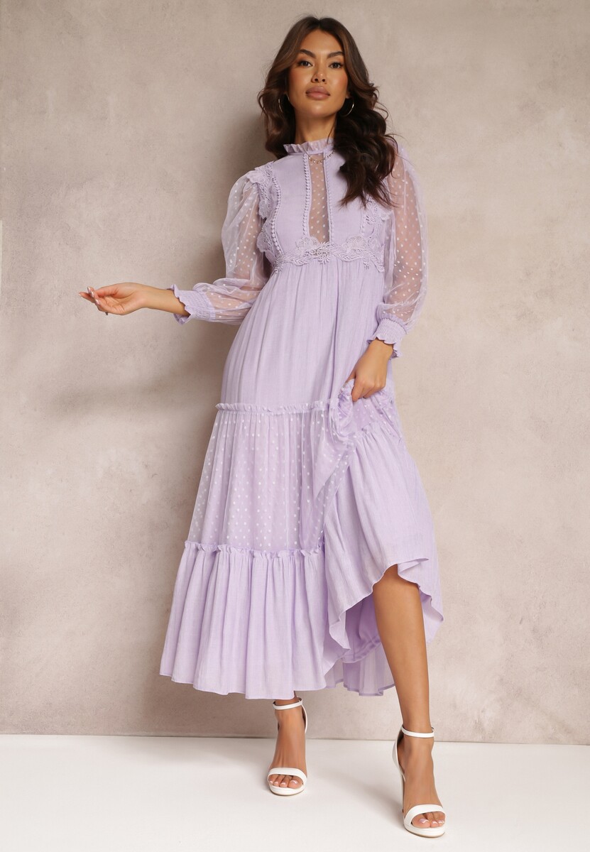 Fioletowa Sukienka z Bufiastym Rękawem Ozdobiona Tiulowymi Wstawkami Laluna