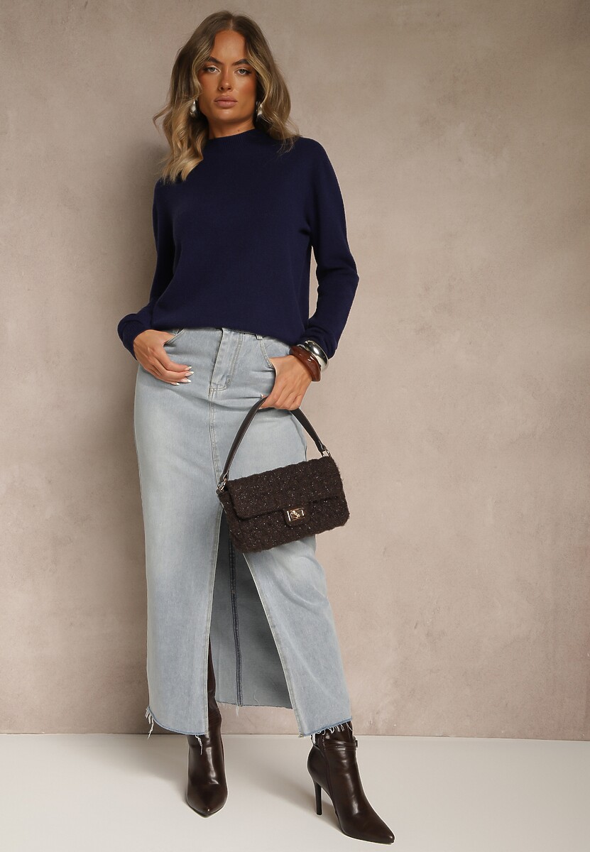 Granatowy Gładki Sweter z Półgolfem z Dzianiny z Wełną i Wiskozą Zaiara