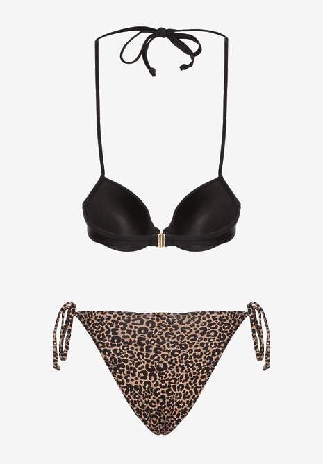 Czarno-Beżowe Wiązane Bikini Biustonosz Halter i Majtki Figi Savadine