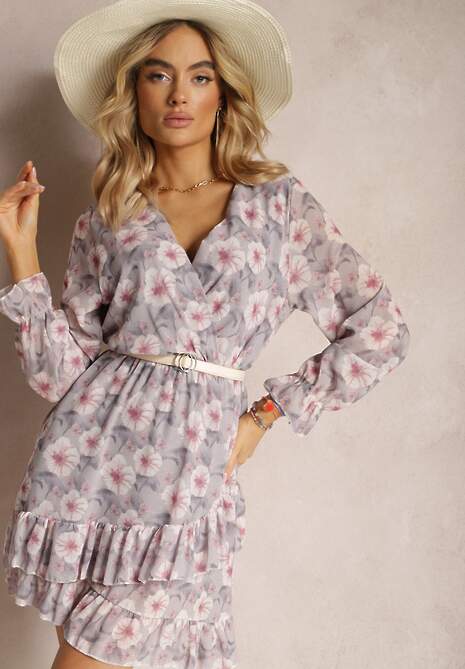 Szaro-Różowa Krótka Sukienka w Kwiatowy Wzór z Dekoltem V Icarba