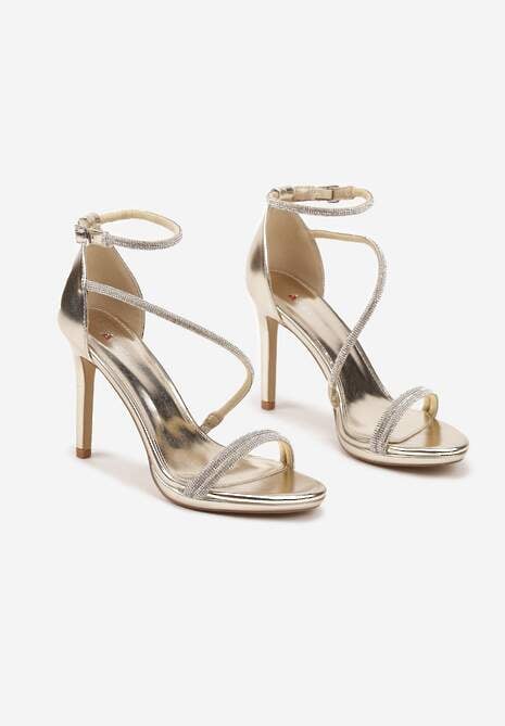 Złote Sandały Szpilki Zdobione Cyrkoniami Zapinane na Sprzączkę Ralisen