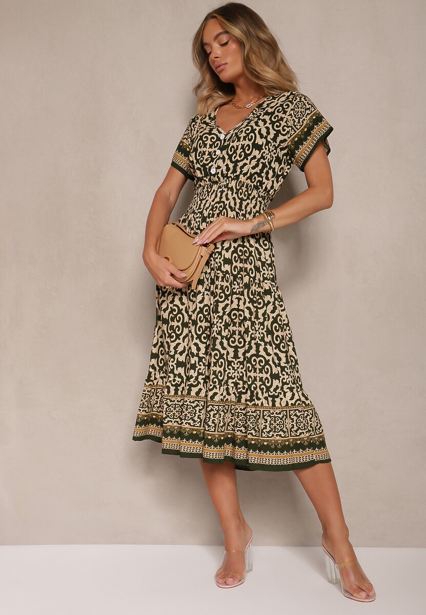 Zielono-Beżowa Sukienka z Bawełny z Gumką w Pasie i Ozdobnymi Guzikami Natifarela