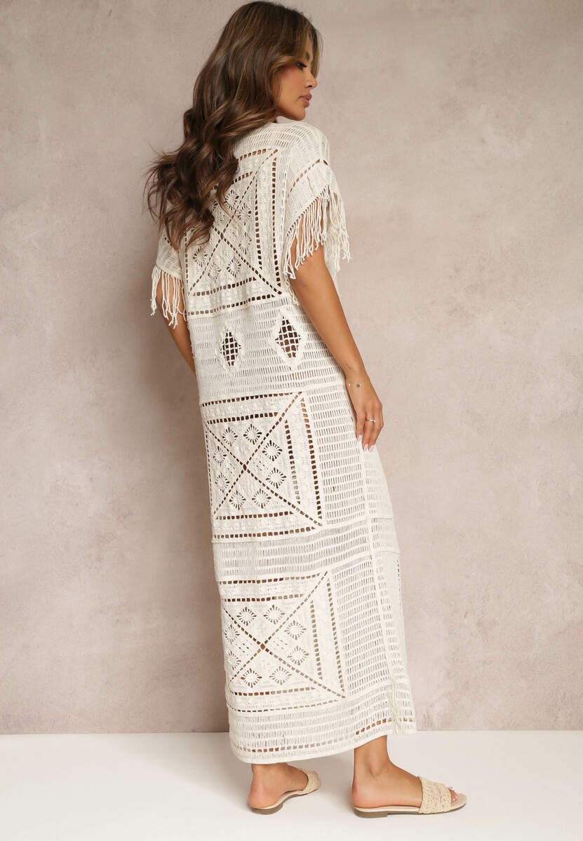 Beżowa Szydełkowa Sukienka Maxi z Frędzlami i Rękawem Typu Nietoperz Yumoto