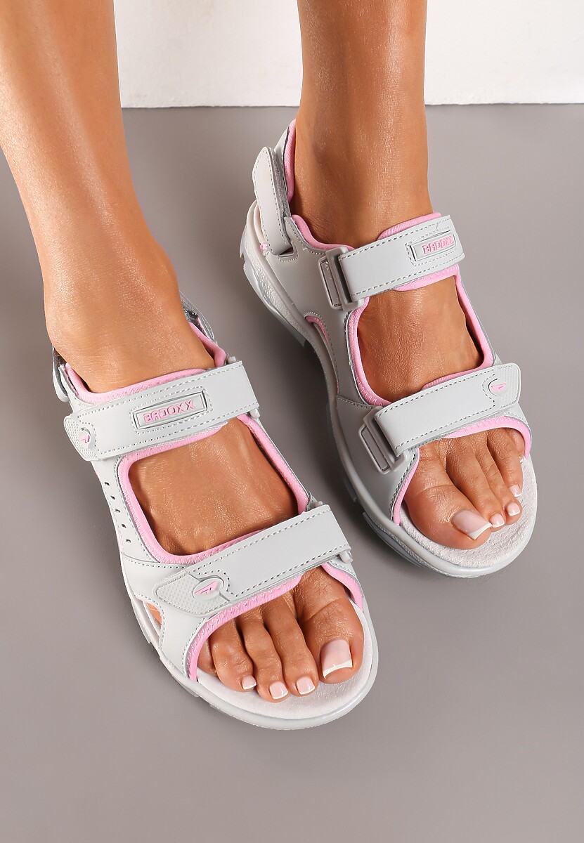 Szaro-Różowe Sportowe Sandały na Płaskiej Podeszwie ze Skórzaną Wkładką Zapinane na Rzep Frailla