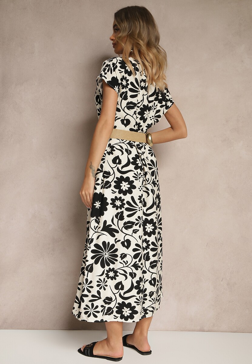 Czarna Rozkloszowana Sukienka z Wiskozy z Paskiem z Klamrą Zarenele