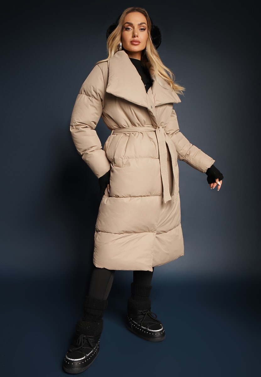 Beżowa Kurtka Płaszcz z Wysokim Kołnierzem Zapinana na Napy z Paskiem Luliriva