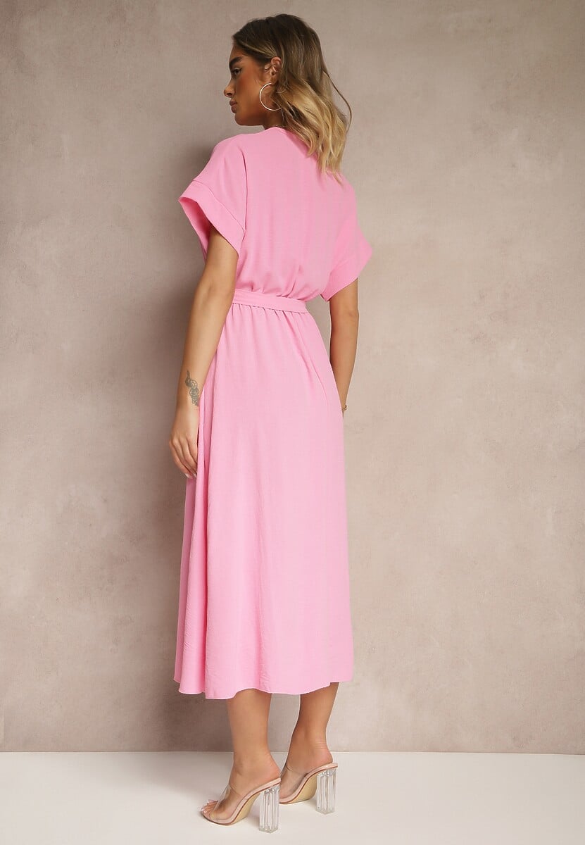 Różowa Rozkloszowana Sukienka z Gumką w Talii i Wiązaniem Sepenira